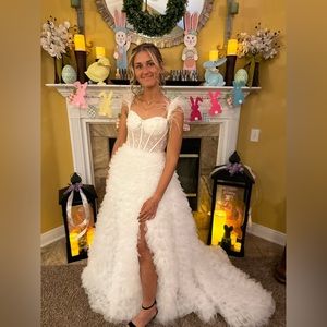 Sherri Hill Lace corset bodice, high slit ruffle, Ball Gown.